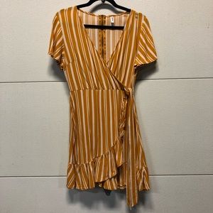 Yellow and white stripe faux wrap mini dress